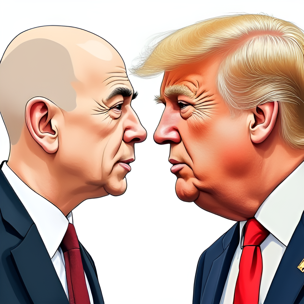 An illustration depicting Jeff Bezos on one side and Donald Trump on the other, separated by a prominent Washington Post newspaper masthead, symbolizing the media's central role in the friction between the tech mogul and the politician.