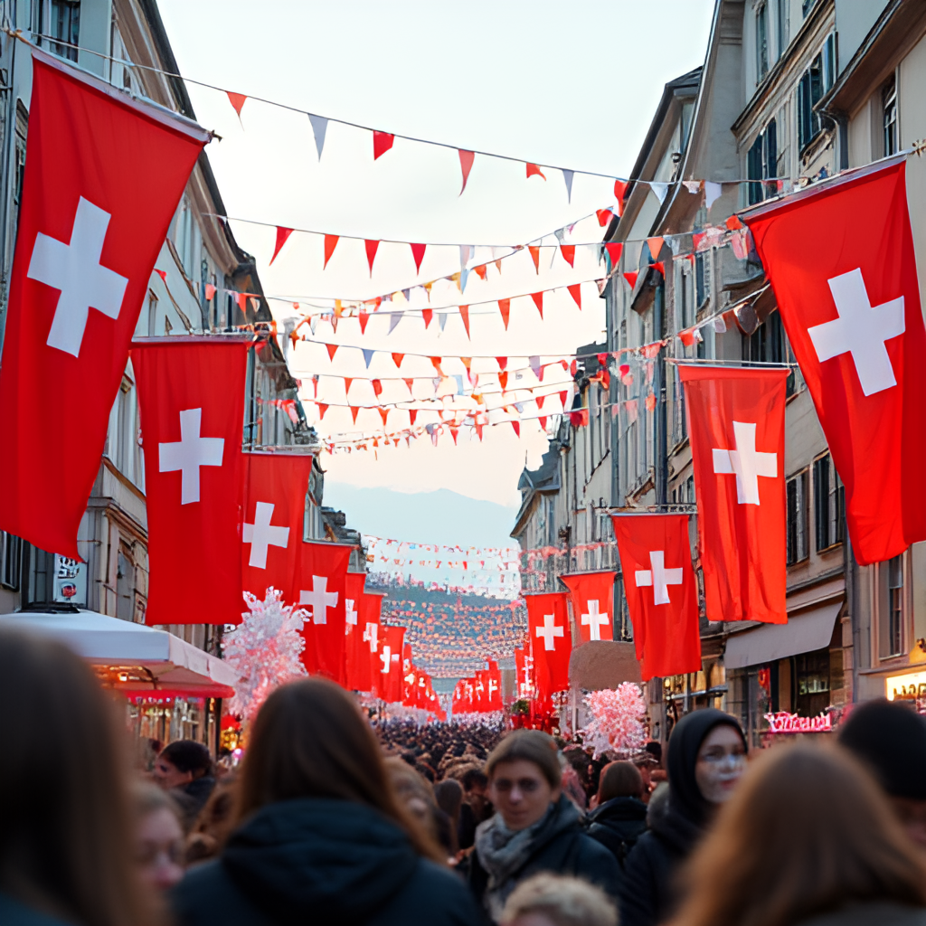 A vibrant, modern photograph of a 1st of May celebration in a Swiss canton, showing a mix of union banners, festive elements, and people gathering.