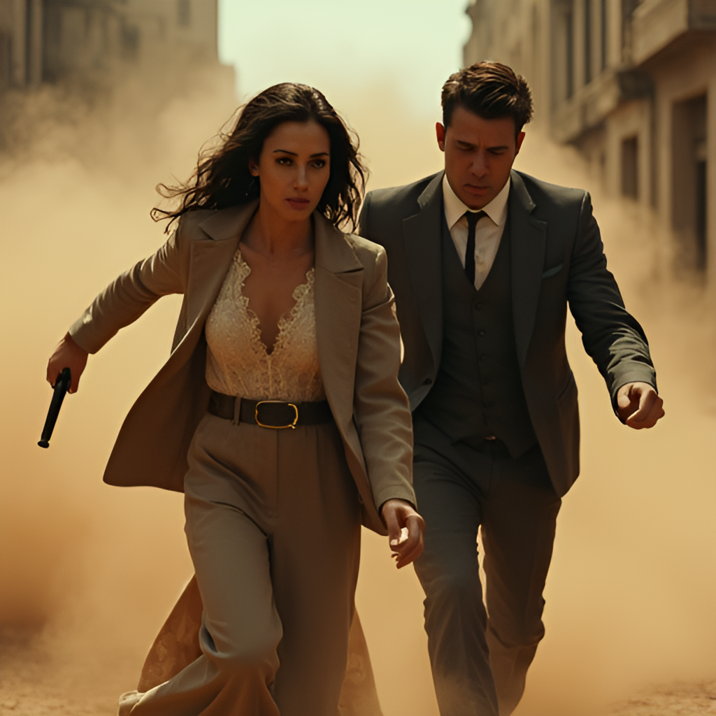 A dynamic scene featuring the two protagonists, Lucia and Jason, in action during a heist or chase sequence, showcasing their distinct appearances and hinting at their Bonnie and Clyde-inspired partnership, with a sense of speed and urgency.