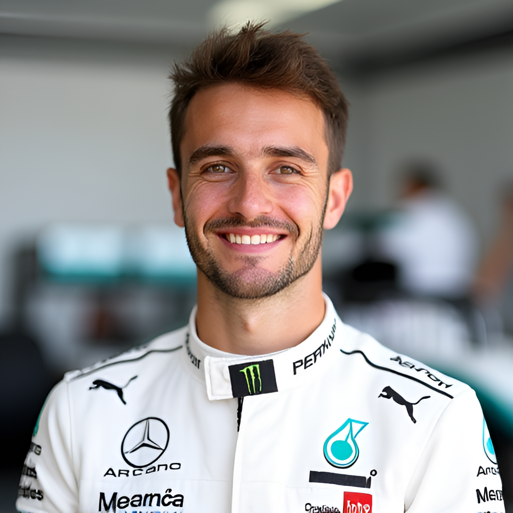 A portrait photo of Andrea Kimi Antonelli wearing Mercedes team gear, smiling confidently, perhaps with a Formula 1 car in the background.