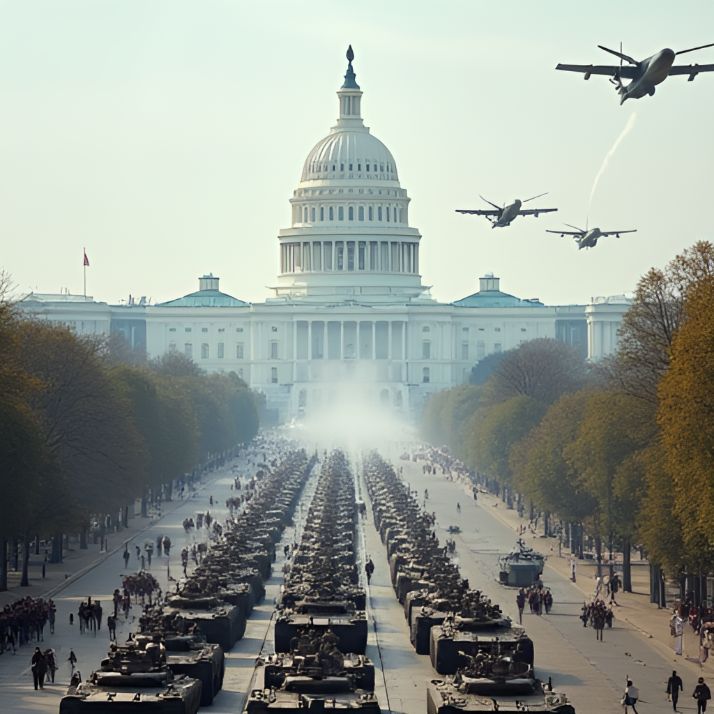 A large-scale military parade in Washington D.C. with tanks, soldiers marching in formation, and military aircraft flying overhead, viewed from a slight elevation overlooking the National Mall towards the Capitol building, in a realistic style.