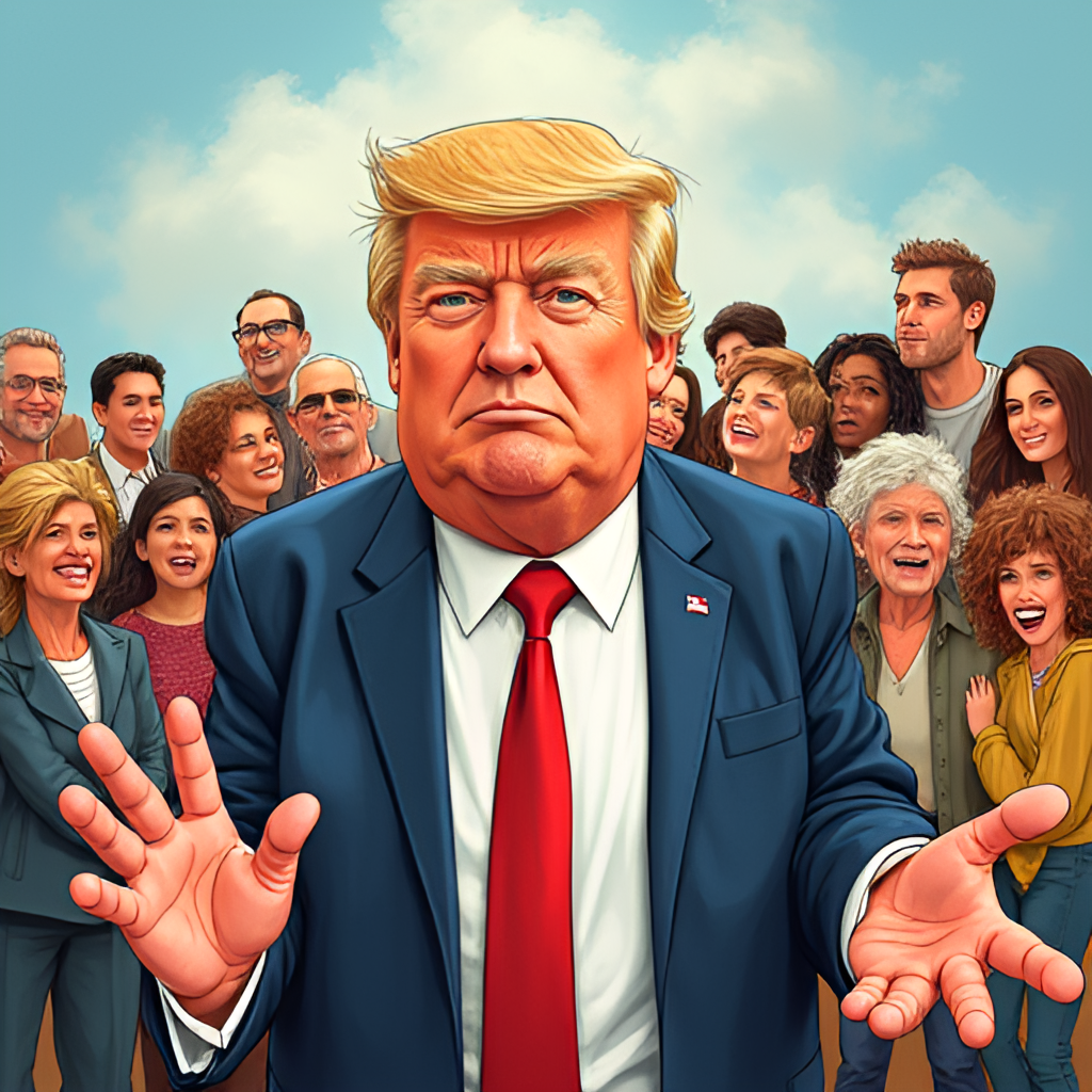A satirical or humorous depiction of Donald Trump, possibly as a caricature on a birthday card or a large cardboard cutout, surrounded by a diverse group of people with mixed reactions (some smiling, some looking critical), in a vibrant, illustrative style.