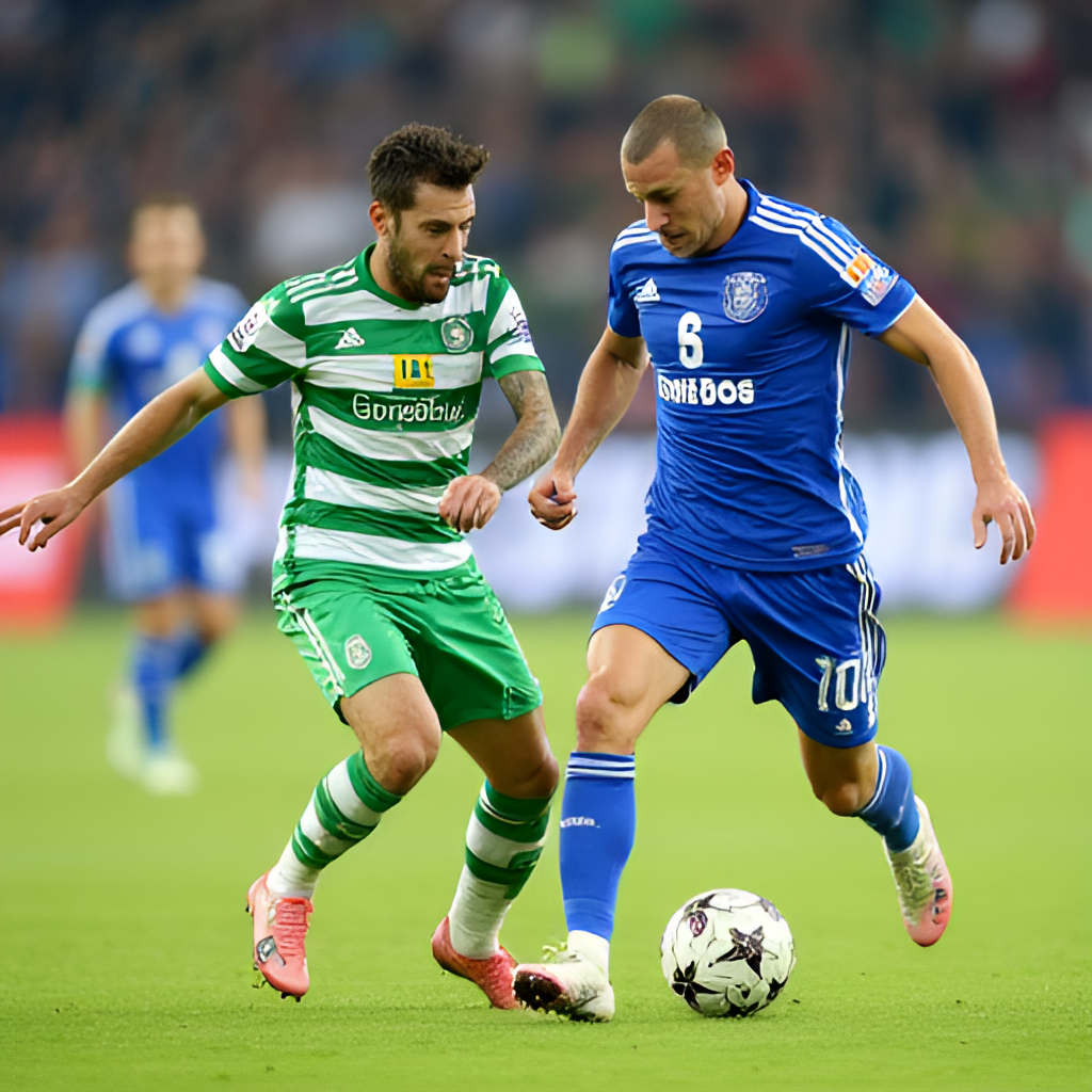 A dynamic shot of a football match action between two teams in green and white kits (representing St. Gallen) and blue kits (representing Yverdon), focusing on a midfield challenge with both sets of players competing for the ball