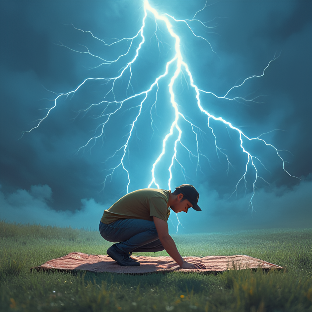 A diagram illustrating the correct safety position during a thunderstorm in open terrain: a person in a low crouch with feet together, on an insulating mat if possible.