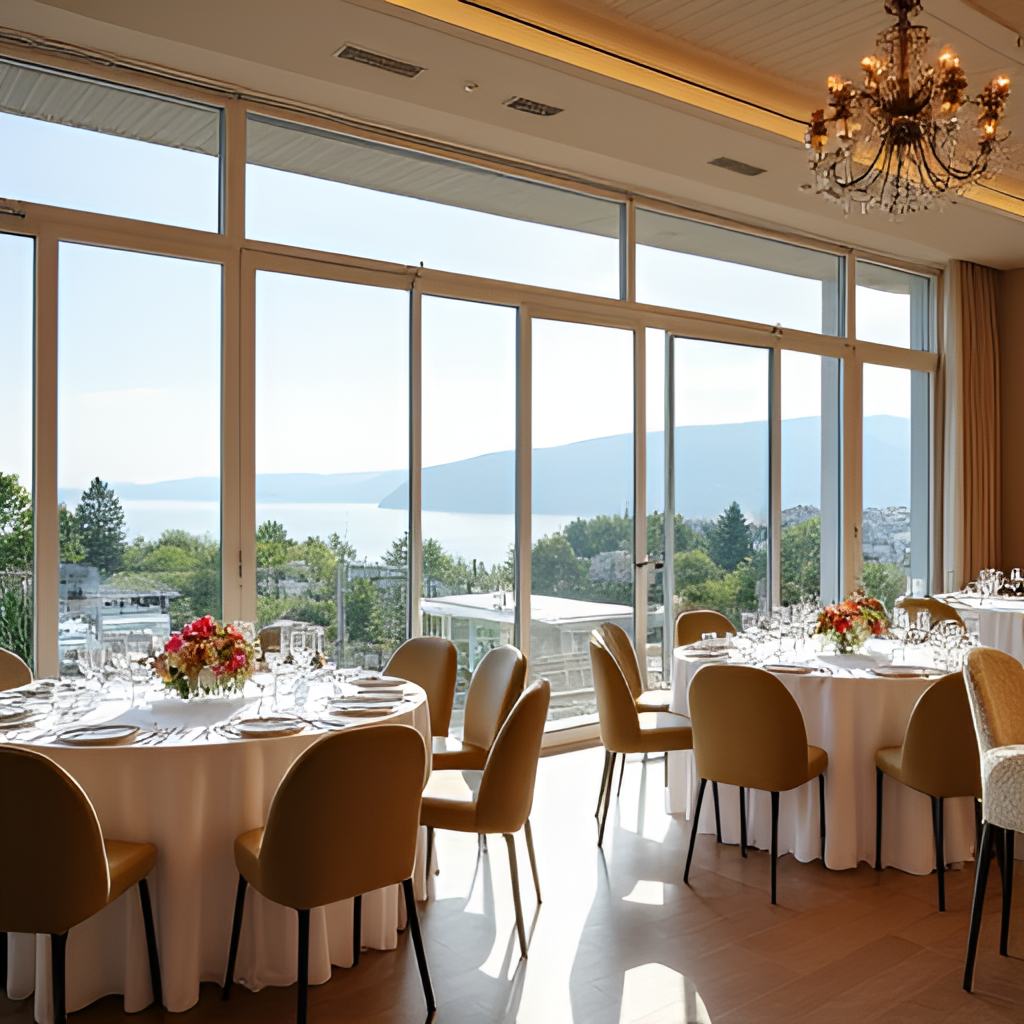 An elegant interior shot of the Mascotte Zurich event space during a daytime event, showcasing the large windows overlooking the Sechseläutenplatz and the lake, with tables set up for a function.