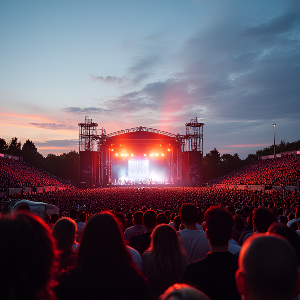 A photo illustrating a large outdoor music concert taking place at the Ippodromo Snai La Maura, with a stage in the distance and a large crowd of people.