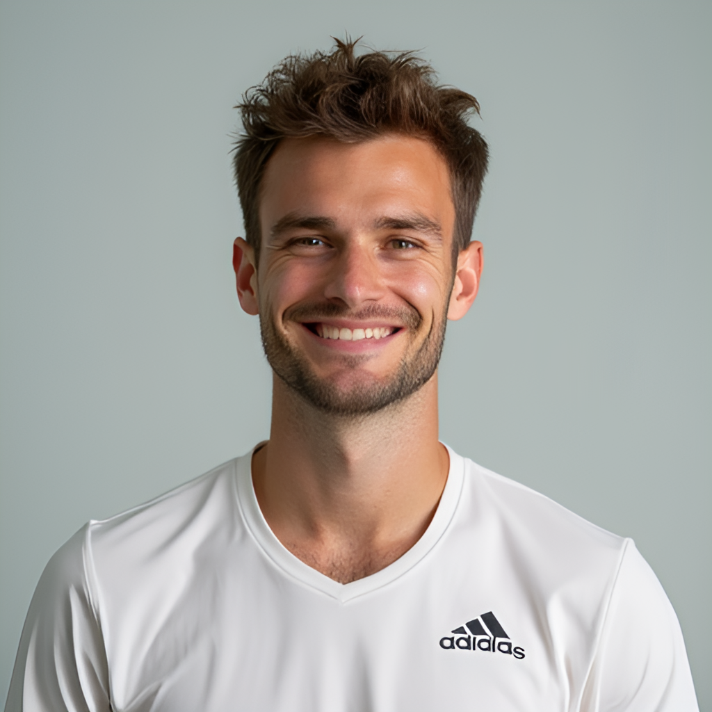 Portrait of Jannik Sinner off-court, perhaps smiling and looking relaxed, conveying his humble and calm personality against a neutral background