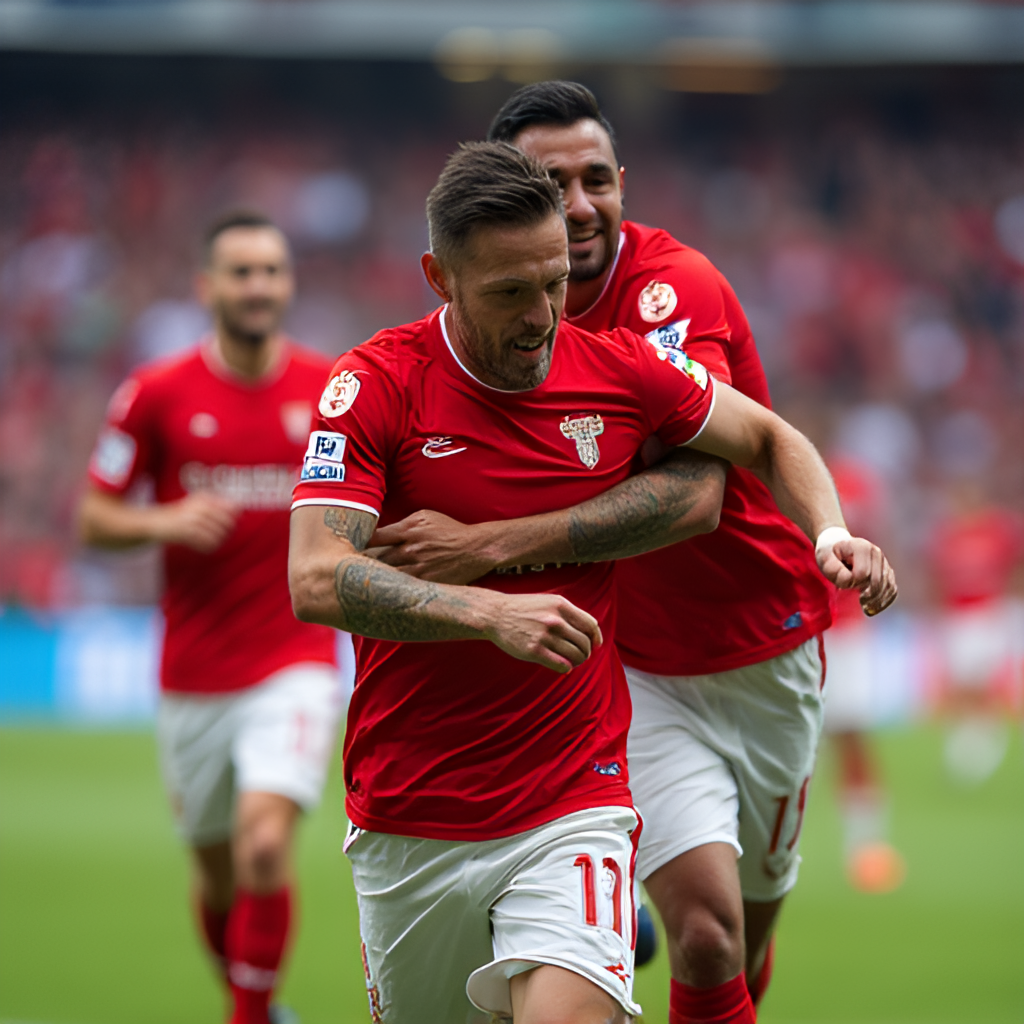 A close-up action shot of a Benfica player celebrating a goal on the pitch at the Estadio da Luz, surrounded by teammates, with blurred background of the stadium and crowd