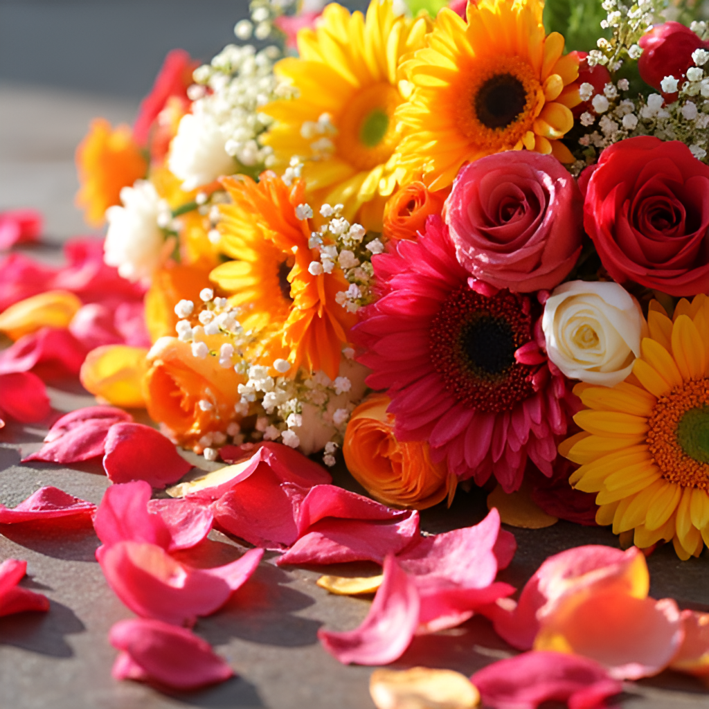 A vibrant, diverse collection of flowers, symbolizing appreciation and love, perhaps arranged in a beautiful bouquet or scattered petals. Style: Bright colors, natural lighting, inviting.