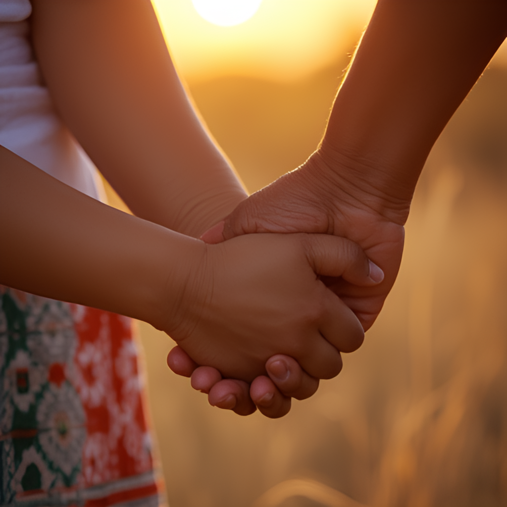 A close-up, tender image of a child holding the hand of their Chamorro mother or grandmother, symbolizing the strong bond and connection, perhaps with a backdrop of a Guam sunset or traditional weaving.