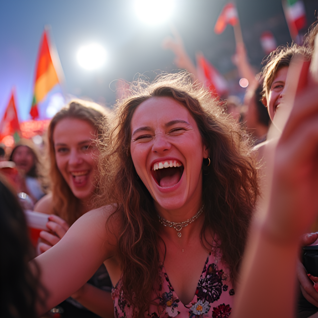 A lively photo of fans celebrating during the ESC week in Basel, with people smiling, holding flags from different countries, and enjoying the atmosphere near a stage or public viewing area.