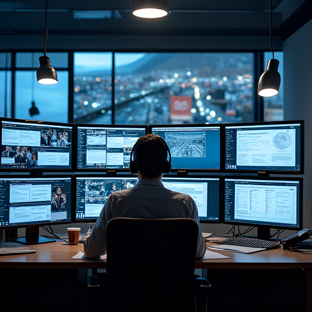 A modern image depicting a journalist working in the newsroom of the Schaffhauser Nachrichten, surrounded by multiple screens showing news feeds, highlighting the digital and multimedia aspects of their work.