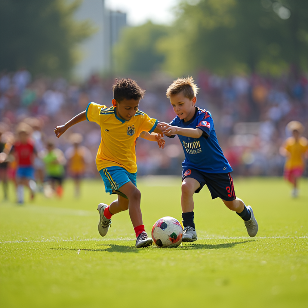 An image of young diverse children playing soccer with enthusiasm on a green field, representing the inspiration Messi provides to the next generation of players in the US