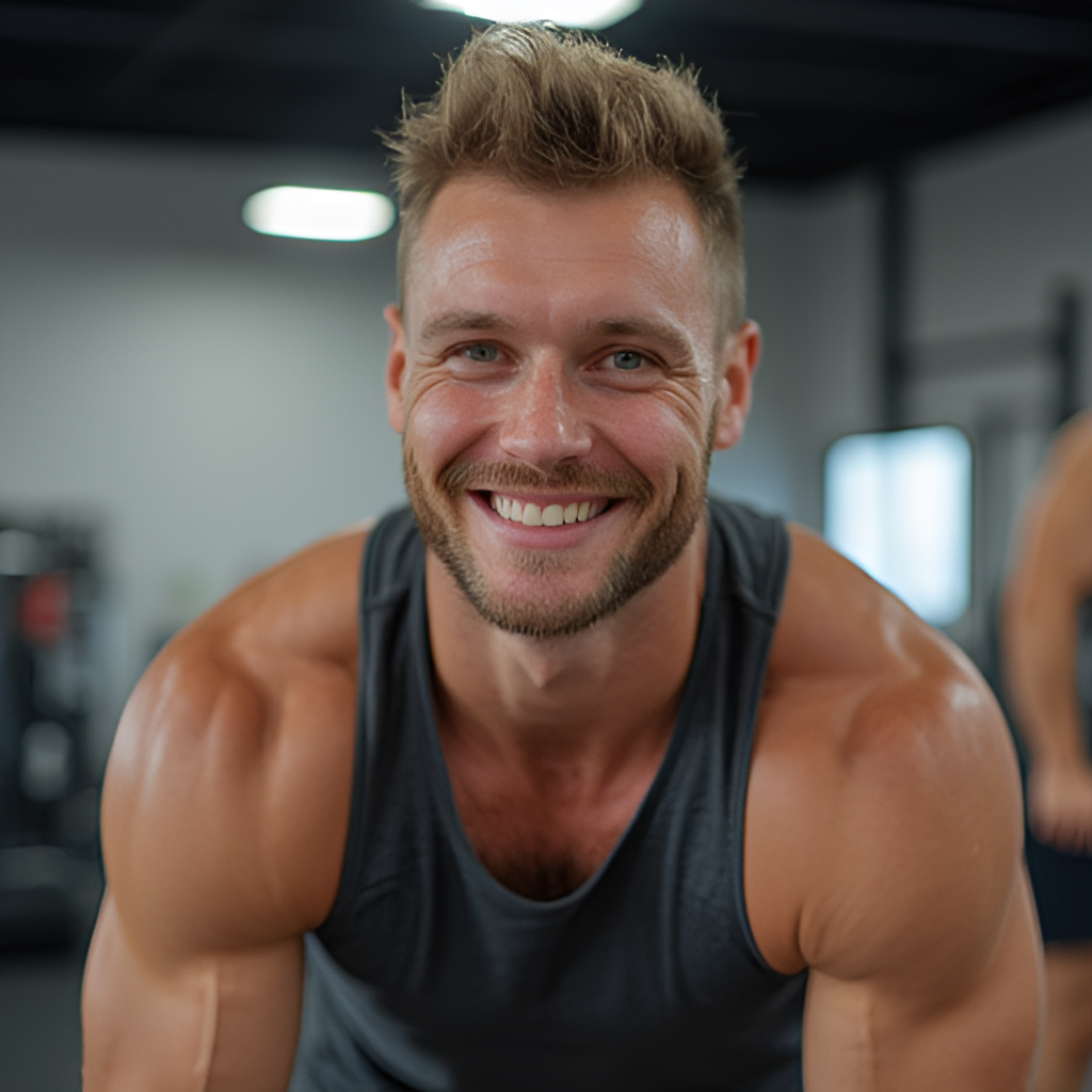A candid photo of Fabian Hambüchen smiling and engaged in a CrossFit workout, perhaps lifting weights or performing a bodyweight exercise, in a modern gym setting, reflecting his active life after competitive gymnastics.