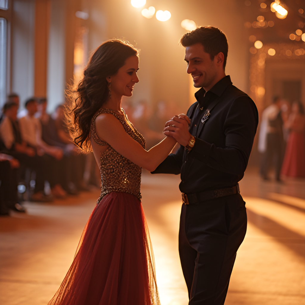 A behind-the-scenes photo showing a professional dancer patiently teaching a celebrity contestant a complex step in a brightly lit dance studio, both smiling and focused.