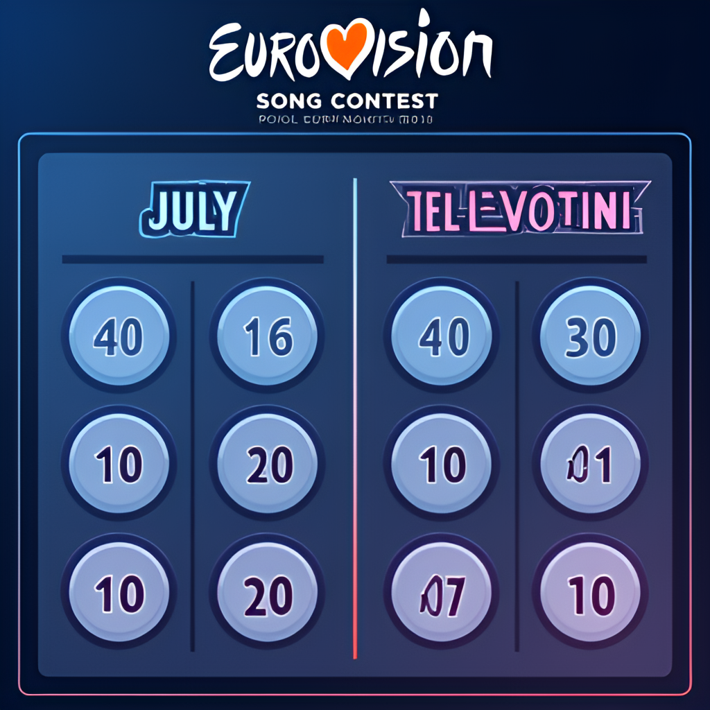 A graphic representation of a scoreboard showing points being awarded, with a clear distinction between 'Jury' and 'Televoting' sections, illustrating the dual voting system of the Eurovision Song Contest.