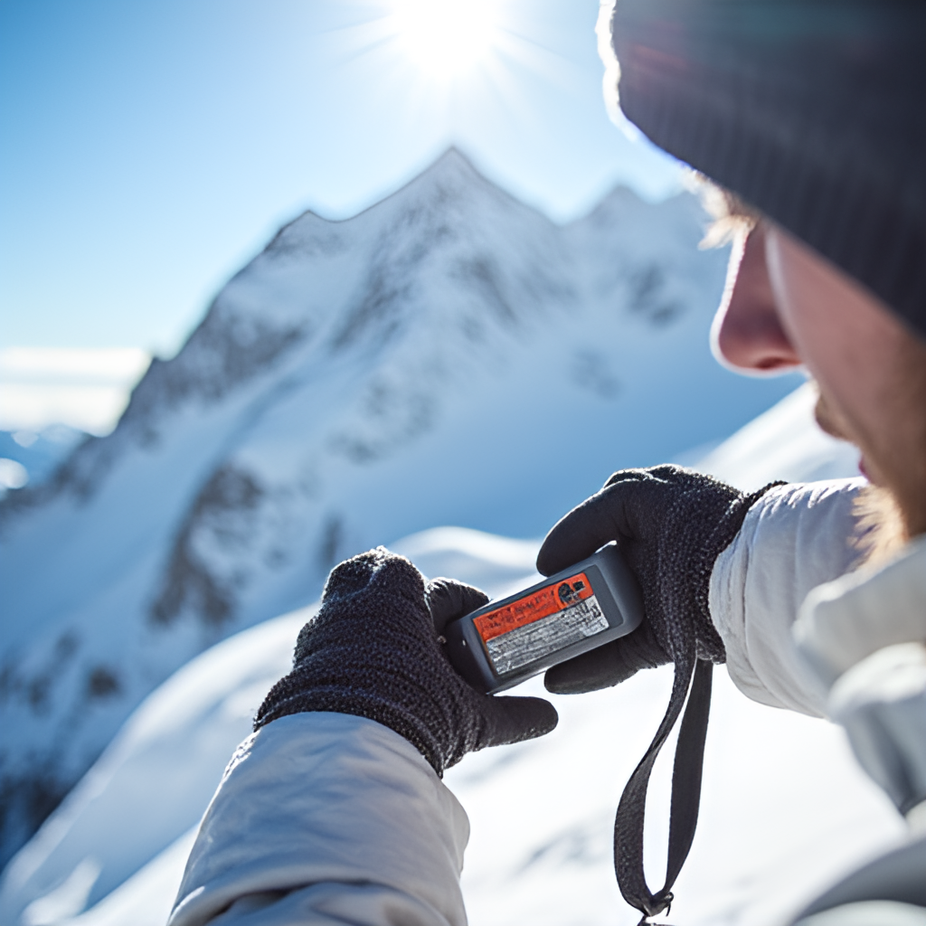 A close-up, action-oriented image of a person checking an avalanche transceiver in a snowy mountain landscape with the Eiger in the background, conveying the importance of safety equipment.