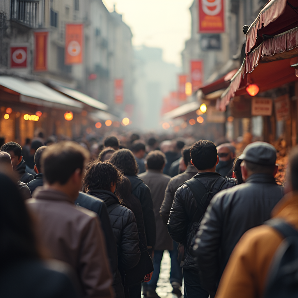 A scene showing a bustling market or street in Istanbul or another major Turkish city, with tourists navigating through the crowd, emphasizing awareness and caution.