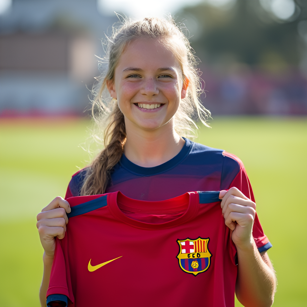 A portrait-style photo of Sydney Schertenleib smiling and holding a FC Barcelona jersey, perhaps on the training ground, conveying her youth and excitement