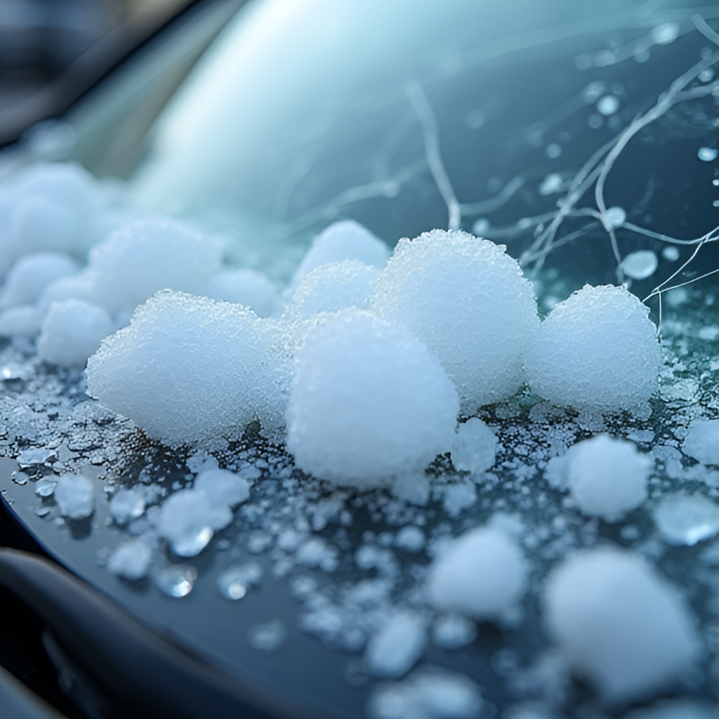 A close-up shot of large hailstones covering a damaged car windshield in Italy, with visible cracks and dents, illustrating the destructive power of hail storms.