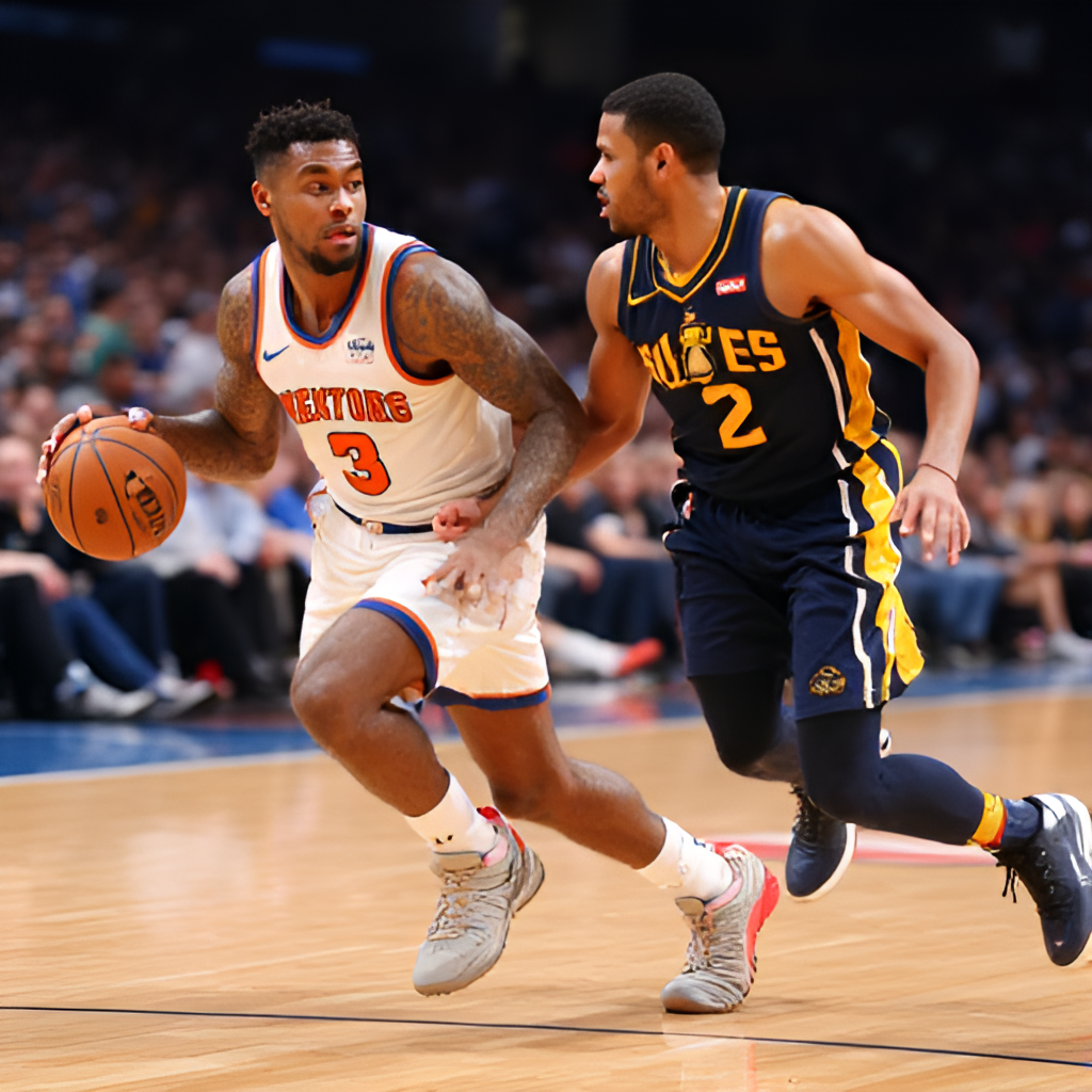 Dynamic action shot from a recent Knicks vs. Pacers playoff game, focusing on the current stars like Jalen Brunson driving against Tyrese Haliburton, capturing the speed and athleticism of the modern rivalry