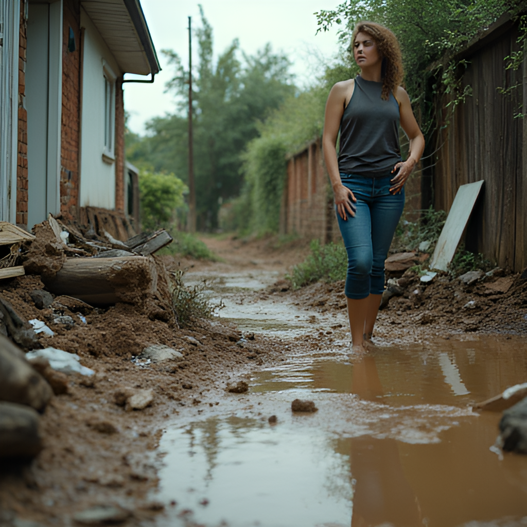 Close-up shot of damaged property after floodwaters have receded, showing debris, mud, and destroyed belongings, with a person looking sadly at the scene in the background, documentary style