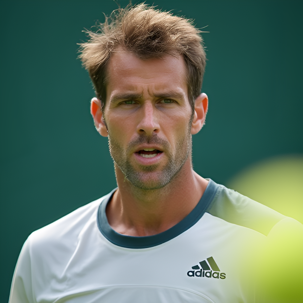 A portrait style photo of a determined-looking Richard Gasquet on a tennis court, perhaps during a practice session, showing his focus and passion for the sport, with tennis balls visible in the foreground.