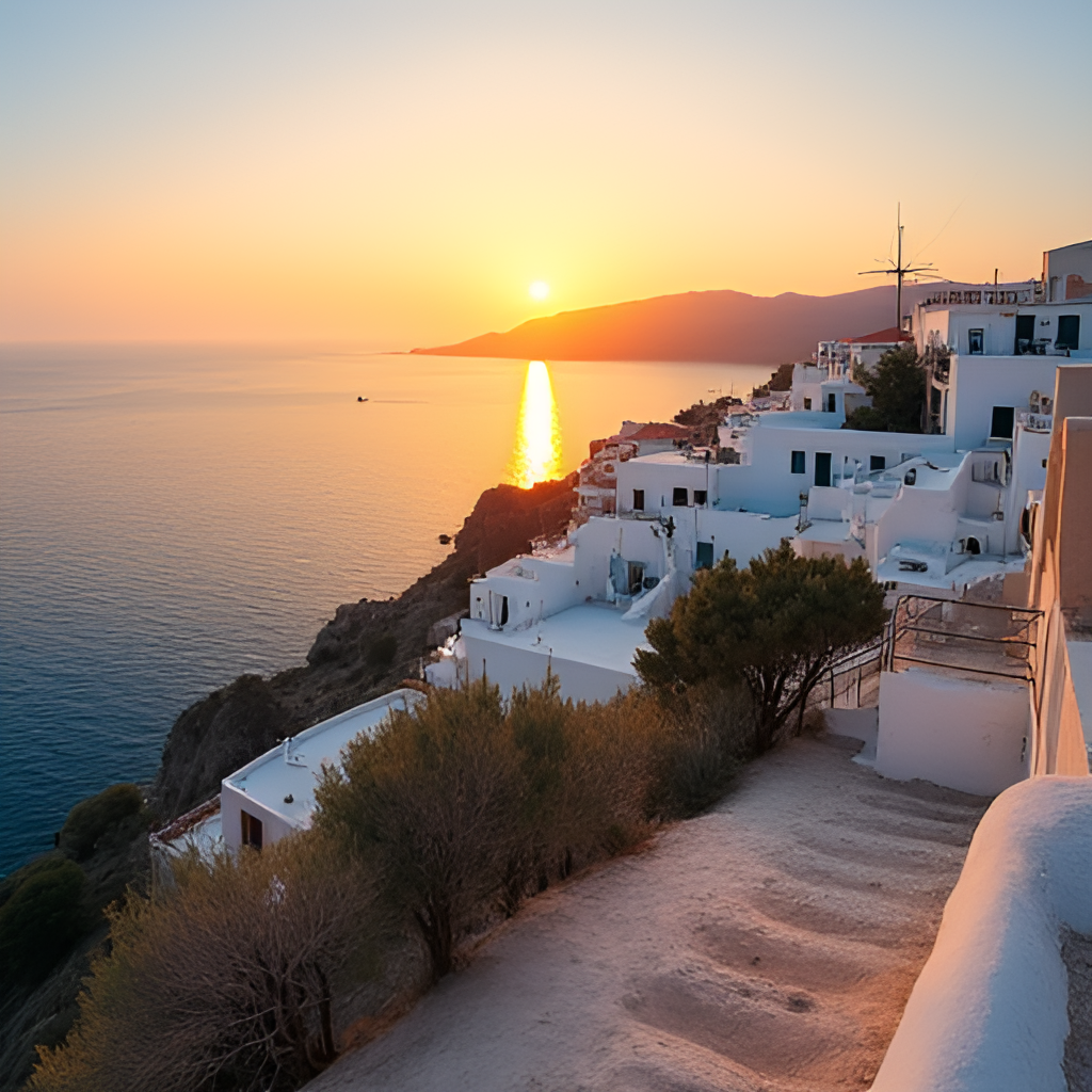 A picturesque coastal landscape in the Mediterranean region at sunset, featuring traditional white-washed buildings, olive trees, and the warm glow of the sun over the calm blue sea.