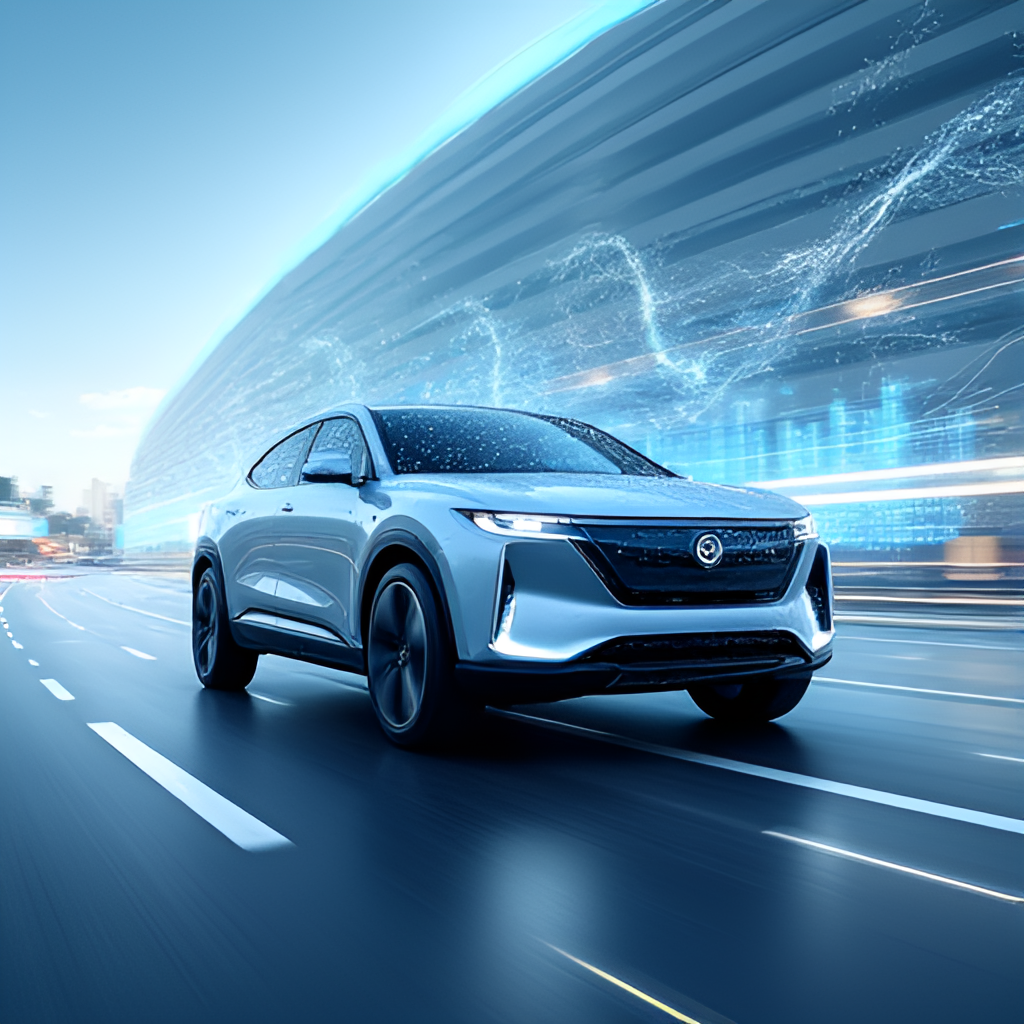 A modern BYD electric vehicle (e.g., Han EV or Seal) driving on a futuristic road, overlaid with graphical elements representing data flow and intelligent connectivity, suggesting the concept of 'Whole Vehicle Intelligence'.