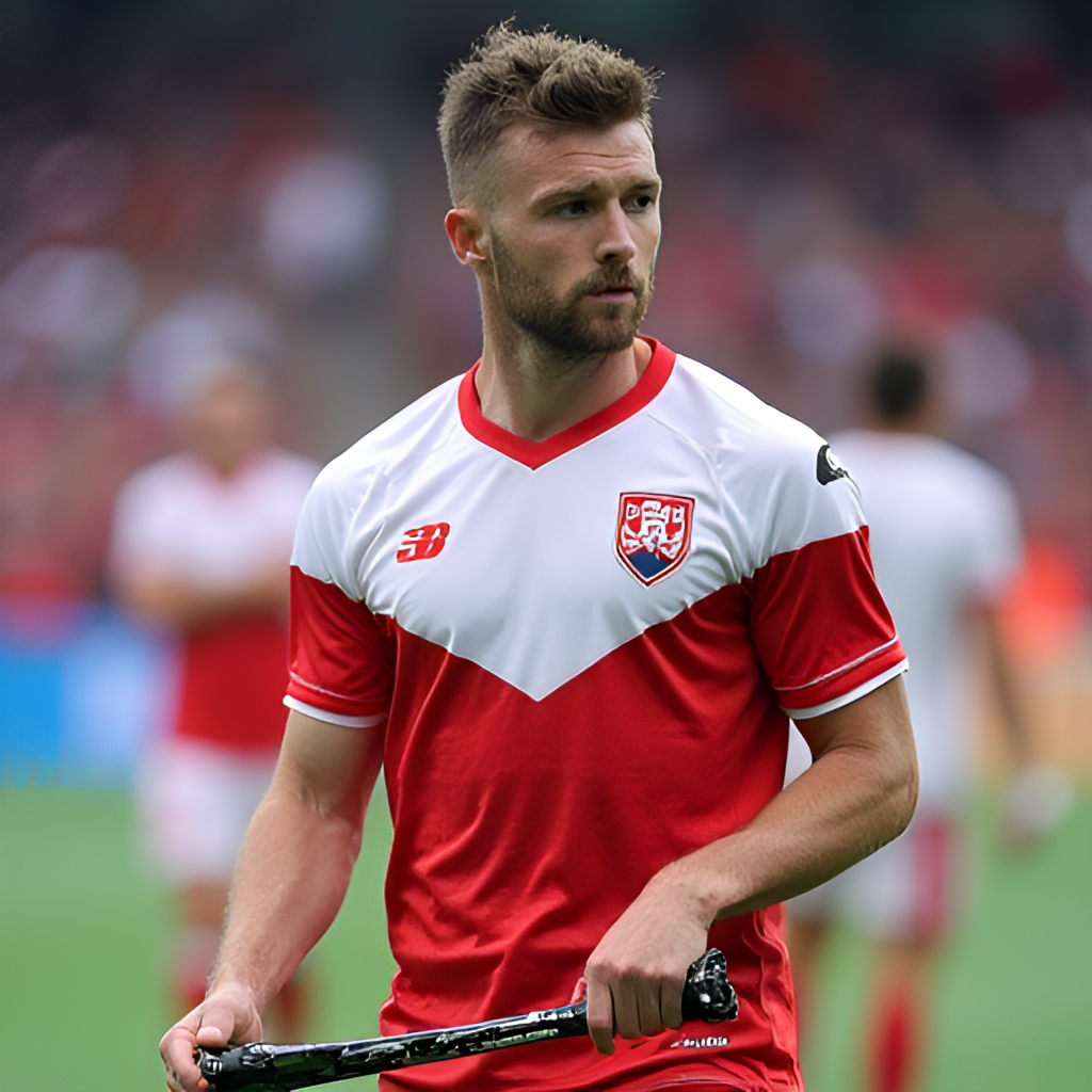 Tomas Tatar wearing the Slovak national team jersey during an international tournament, perhaps holding his stick or looking towards the flag.
