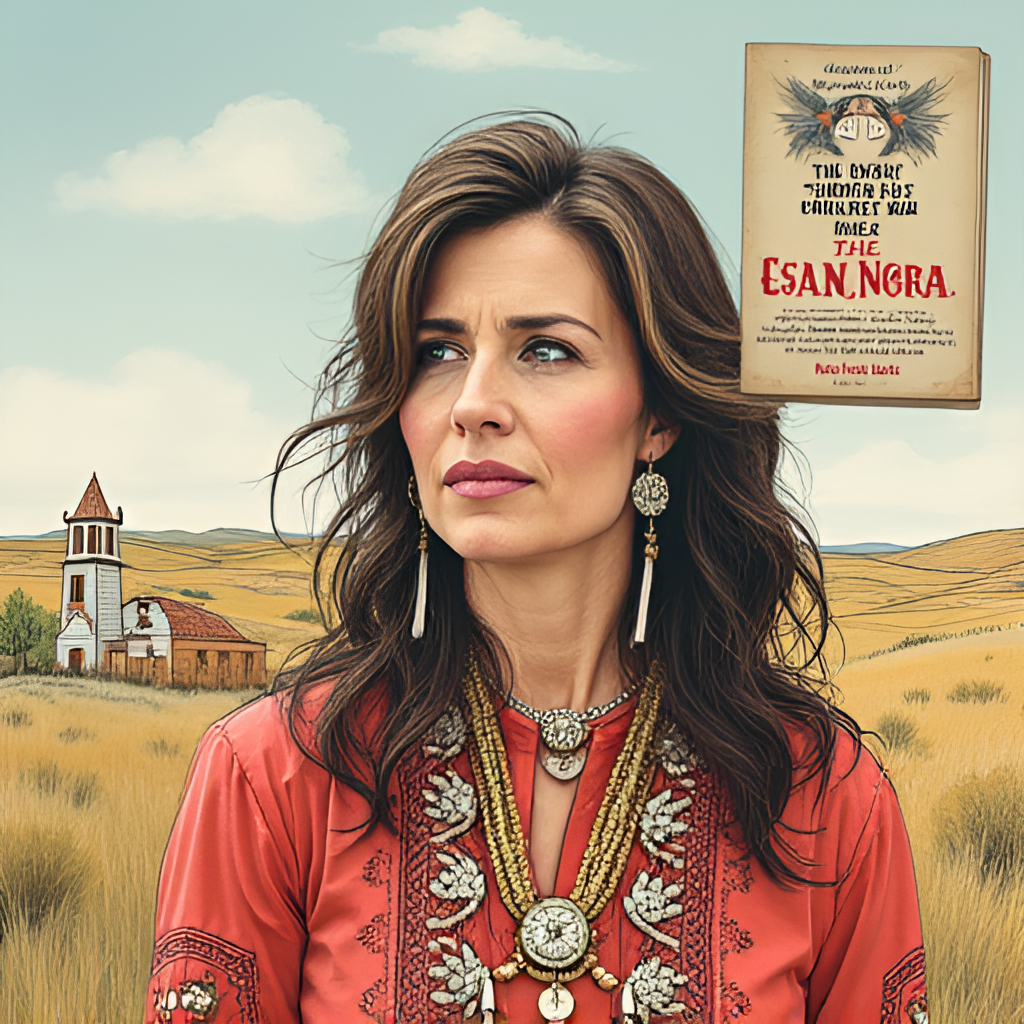 A split image or collage showing elements related to Kristi Noem's controversies: perhaps a book cover, a depiction of a rural setting, and a symbol representing Native American tribes, illustrative or mixed media style