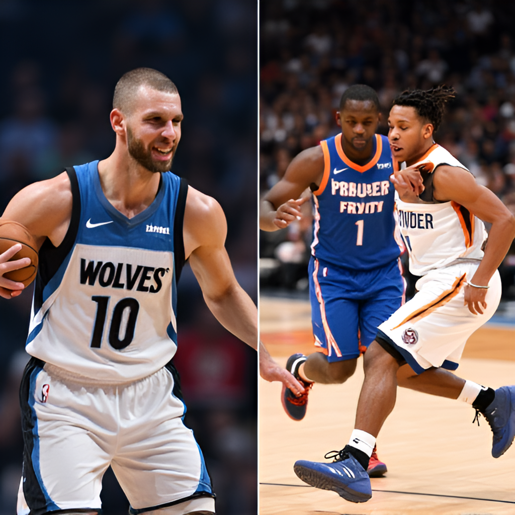 A side-by-side comparison or a split image showing contrasting team styles. On one side, depict Rudy Gobert of the Timberwolves establishing a strong presence in the paint, maybe blocking a shot or grabbing a rebound, emphasizing interior defense. On the other side, show the Thunder players in a fast-break or quick passing sequence, highlighting their team offense and speed. Include both teams' colors prominently.