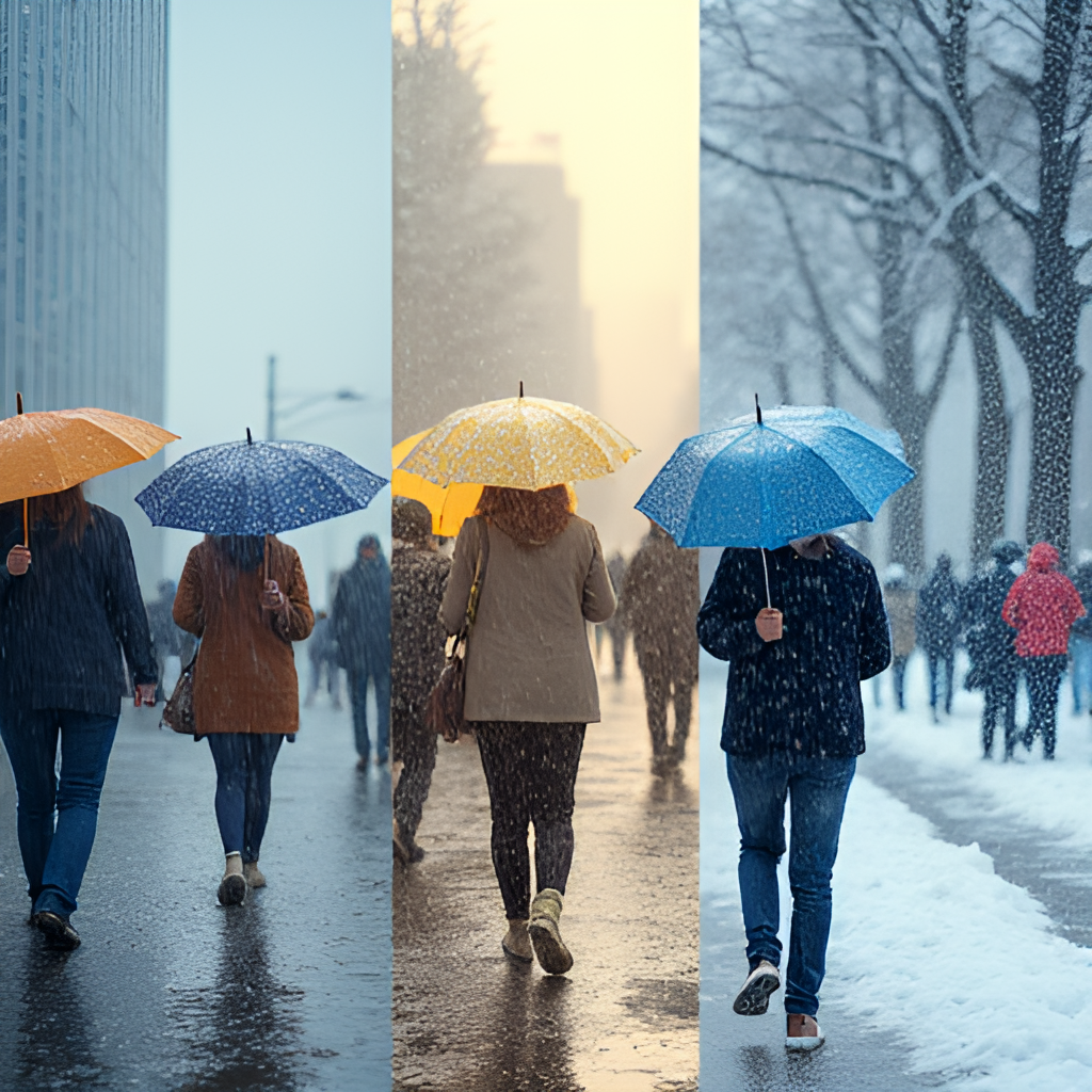 A composite image showing diverse human activities being impacted by different weather conditions, such as people using umbrellas in rain, enjoying a sunny day, or dealing with snow.