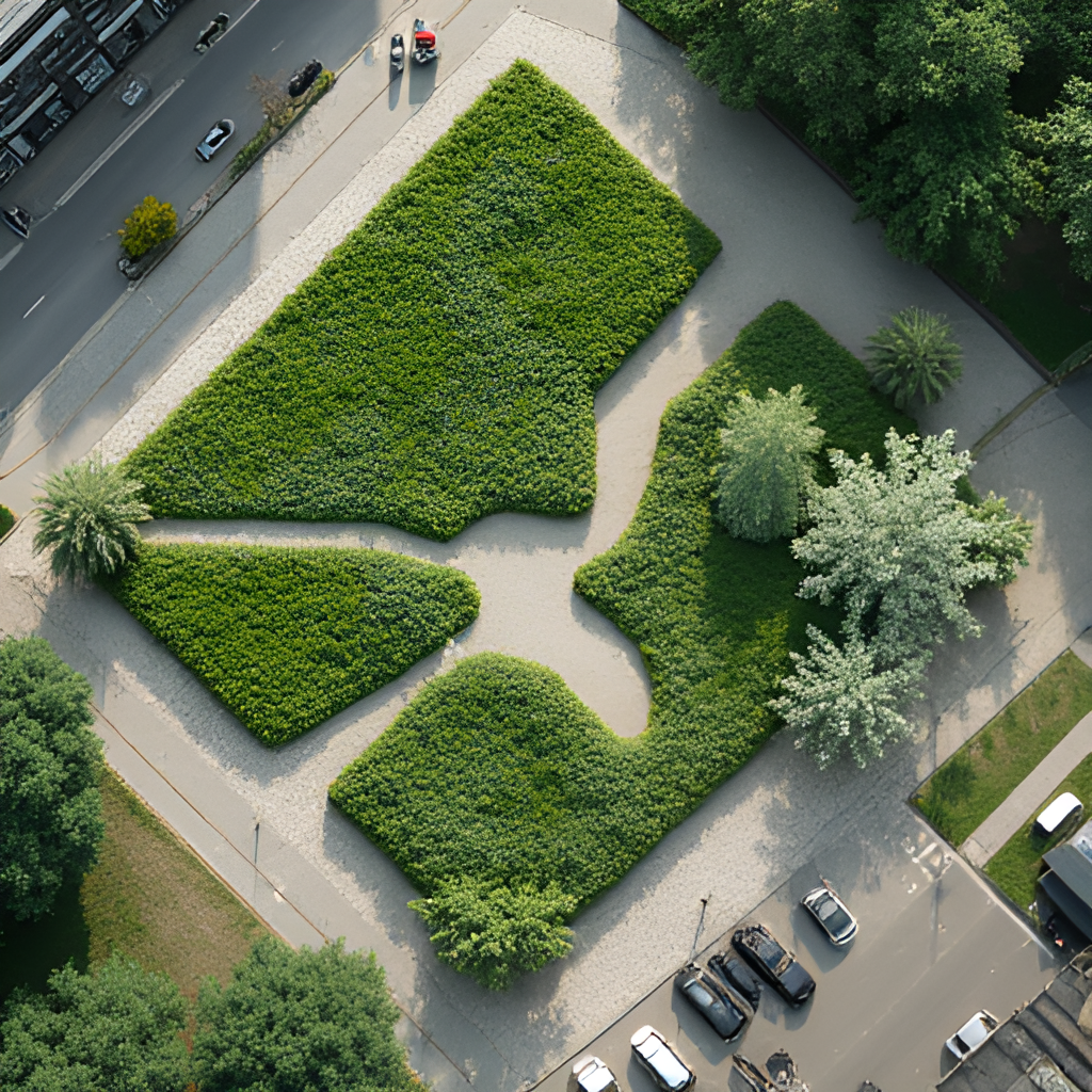 An aerial view showing a combination of green roofs, permeable paving, and a rain garden in an urban area of NRW, illustrating 'sponge city' concepts for managing heavy rainfall.