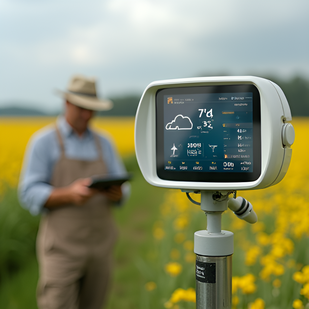 A close-up image of a modern, local weather station in a field, measuring temperature, wind, and precipitation, with a farmer in the background checking data on a tablet app