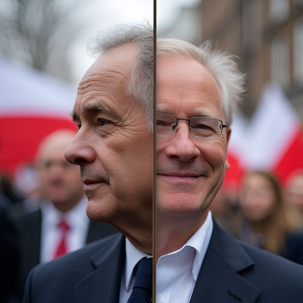 A split image showing portraits of two political candidates with election posters and blurred crowds in the background, representing the two opposing sides in a Polish presidential election