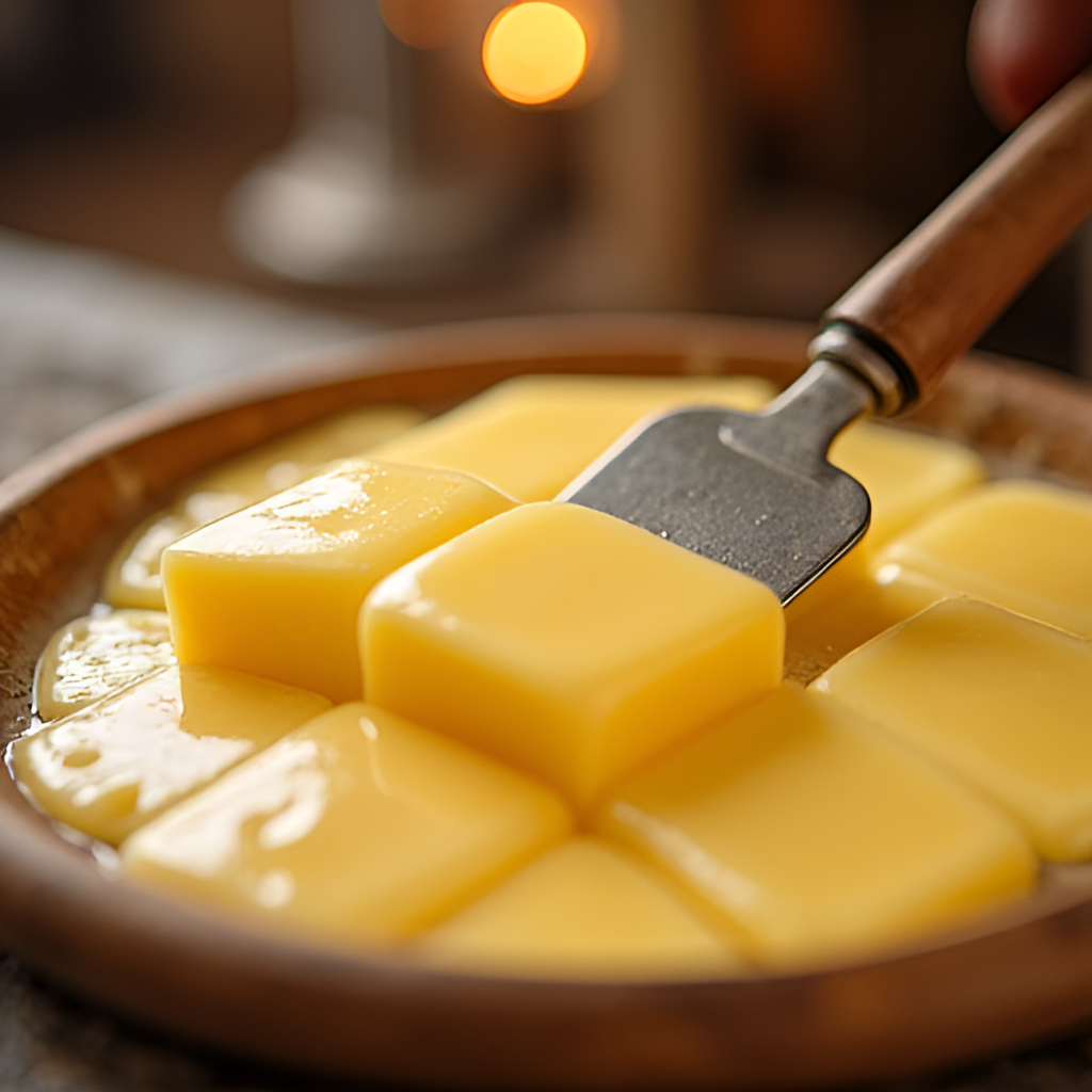 A close-up shot of a traditional Swiss Raclette cheese being melted and scraped, with a backdrop hinting at a cozy, rustic mountain setting in the Valais region.