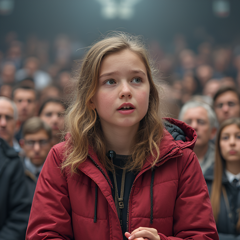 An illustration or photo of Greta Thunberg speaking passionately at a large international forum, with world leaders or a large audience in the background, emphasizing her presence on the global stage.