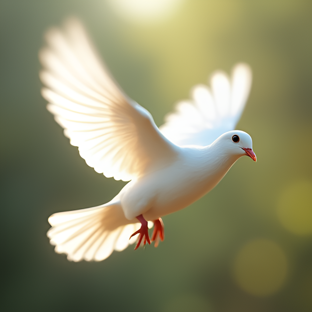 A modern photograph showing a white dove in flight, perhaps near a church or in a natural setting, symbolizing peace and the Holy Spirit, with soft lighting.