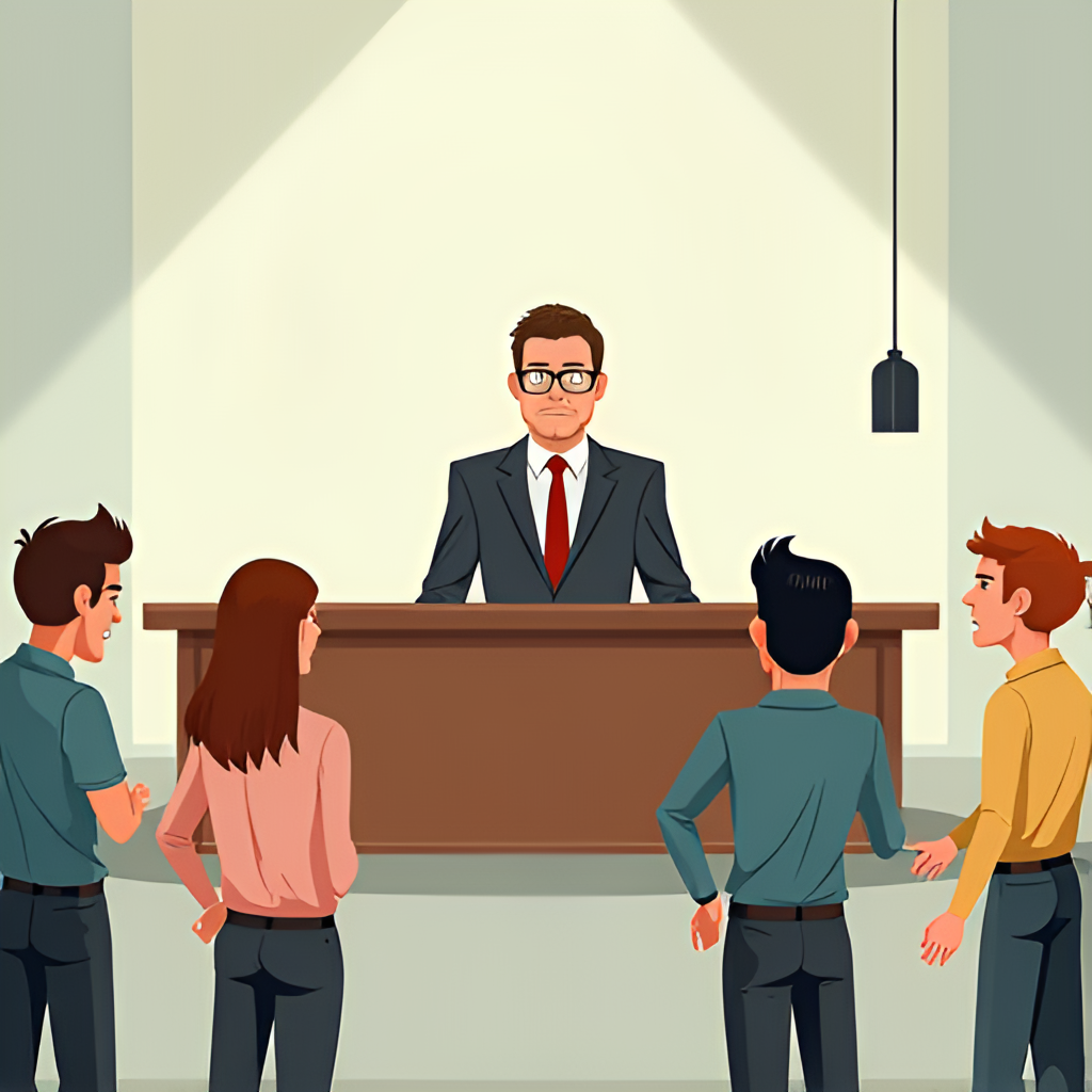 A contrasting illustration showing a negative work environment. An isolated figure (the 'boss') is sitting behind a large desk, looking stern or dismissive, while employees in the foreground appear stressed or demotivated.