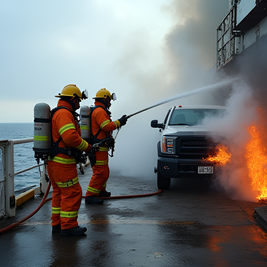A close-up shot focusing on firefighters in protective gear on a ship deck, attempting to cool down a smoking vehicle with a hose, highlighting the challenges of maritime firefighting.