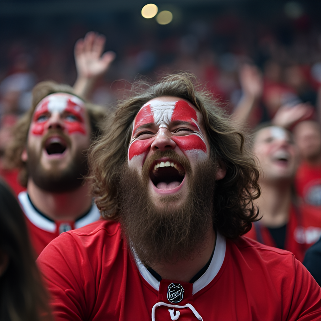A close-up shot of a group of hockey fans with painted faces and playoff beards, cheering passionately in the stands during an NHL playoff game. Style: Candid fan photo.
