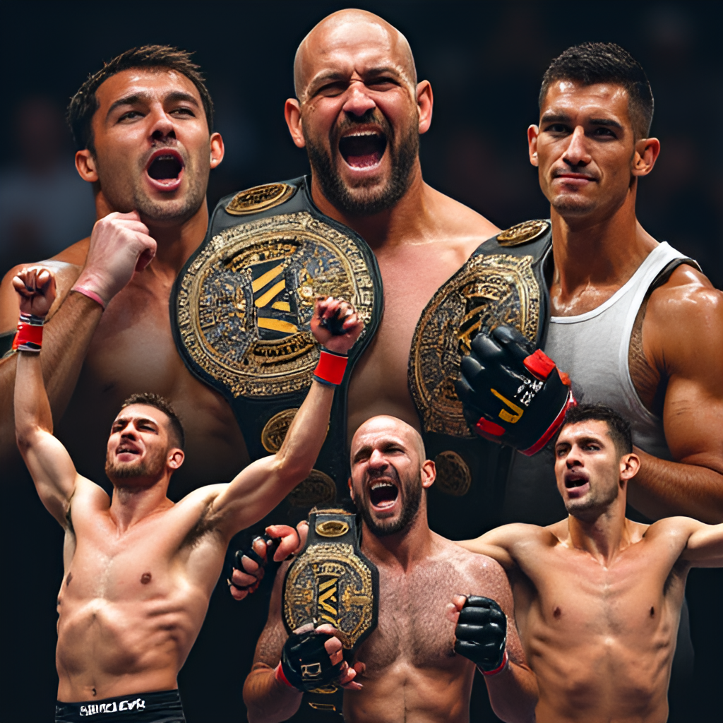 Montage image showcasing various iconic moments from UFC history, featuring different famous fighters celebrating wins and holding championship belts.