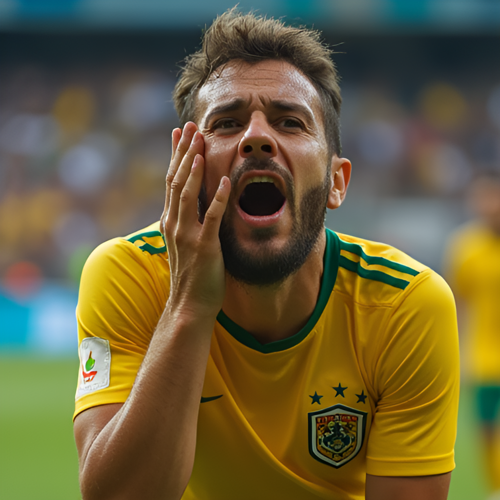 A close-up, emotional shot of a football player celebrating scoring a goal during a World Cup qualifier, showing raw emotion and national pride.