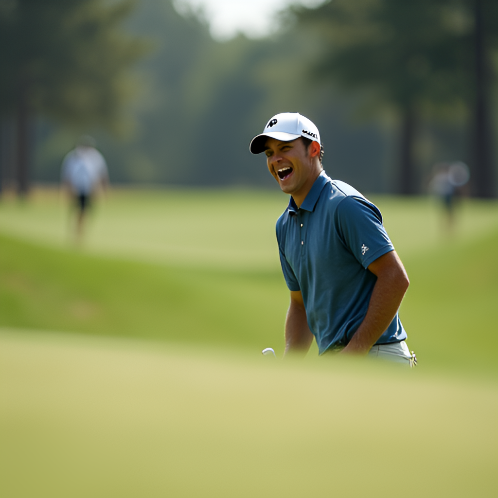 A close-up, emotionally resonant photograph of a golfer celebrating a difficult putt on a challenging green during the US Open, showing focus and relief, in a journalistic photography style.