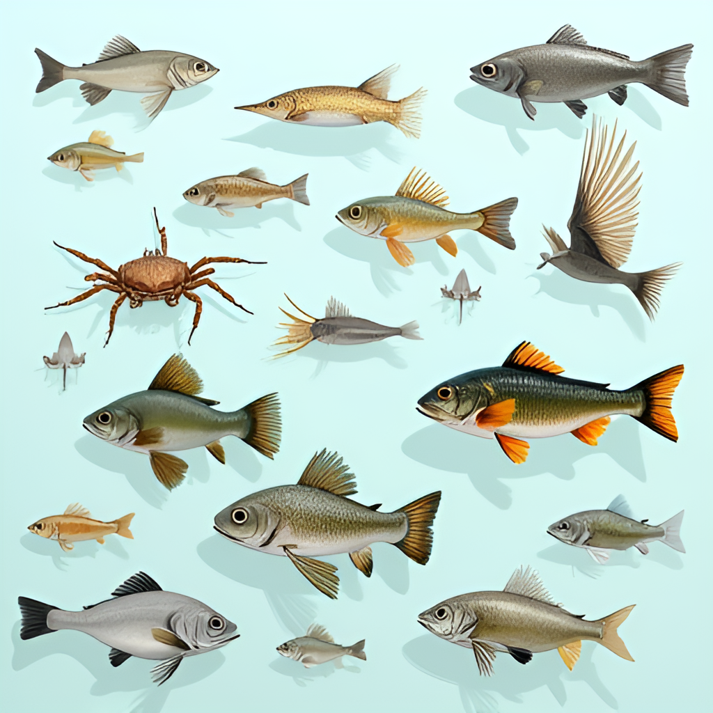 An illustration depicting a diverse group of small invasive species found in Lake Constance, such as quagga mussels or certain crab species, contrasted with native fish or birds, highlighting the real ecological challenge they pose.