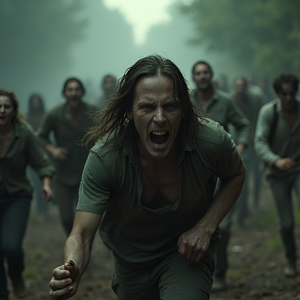 A tense scene of survivors hiding or running from fast-moving infected (not explicitly showing gore), focusing on their fear and determination, perhaps with the low-light, gritty aesthetic characteristic of the film.