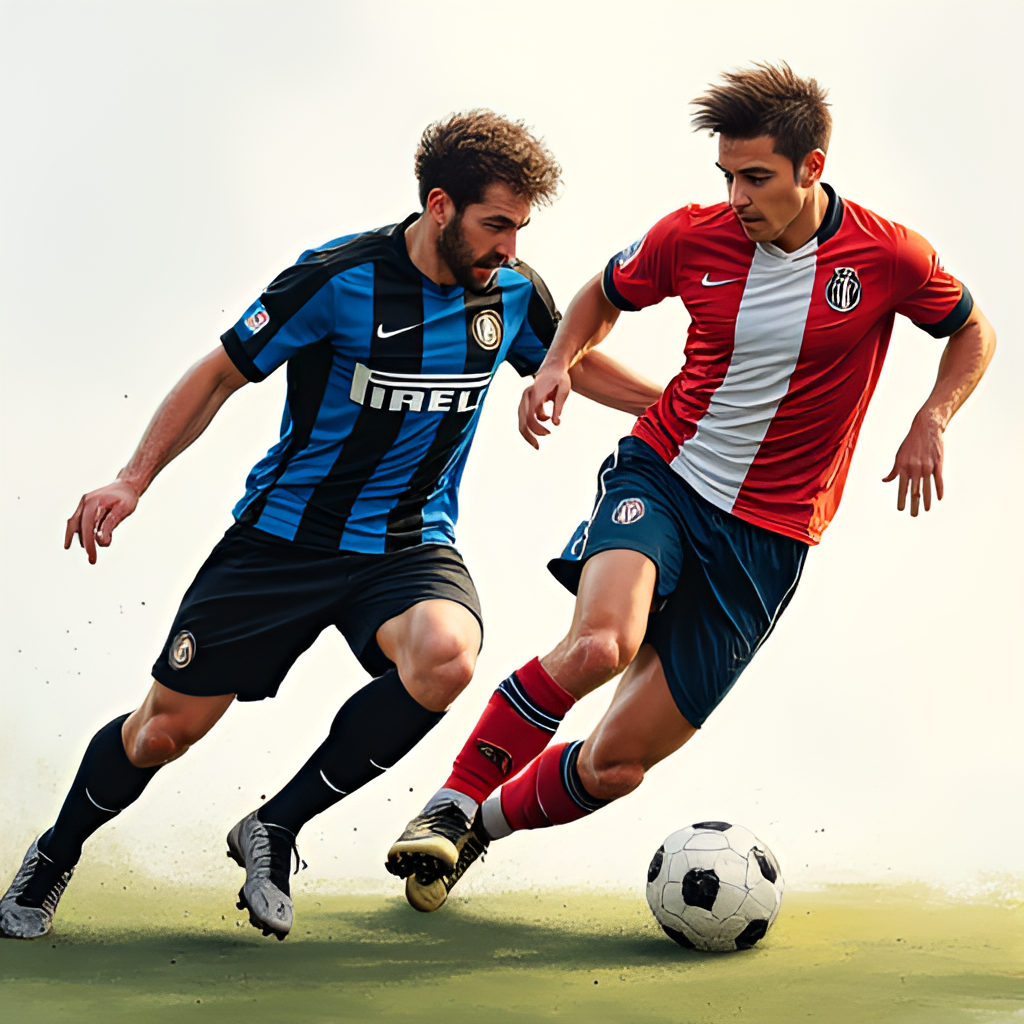 A dynamic illustration depicting a hypothetical football match action scene between players in Inter Milan (blue and black) and River Plate (red and white sash) kits, highlighting intense competition.