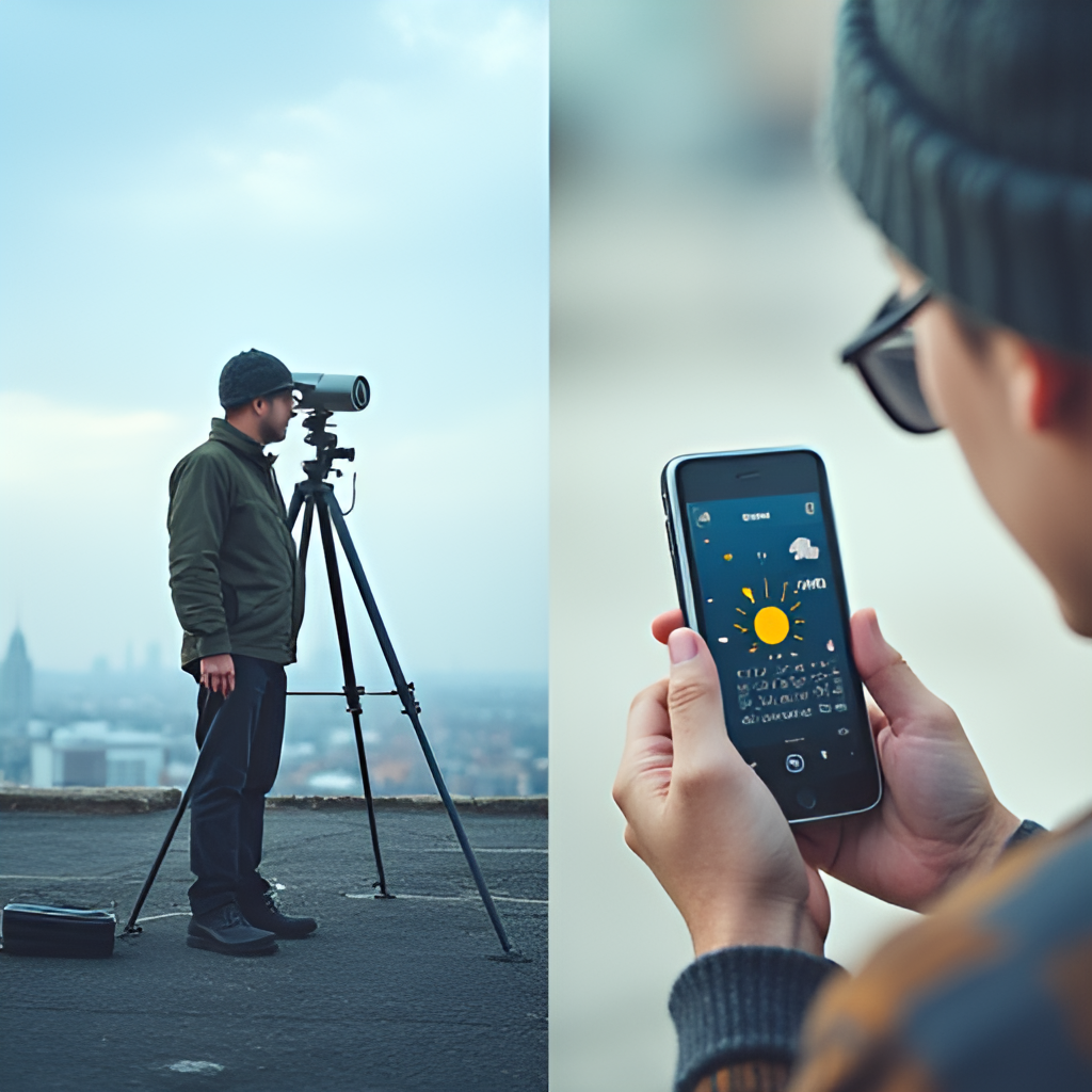 A split image or collage showing a meteorologist standing on a rooftop with weather instruments on one side, and a person checking a weather app on their phone on the other, symbolising the connection between expert forecasting and user access.