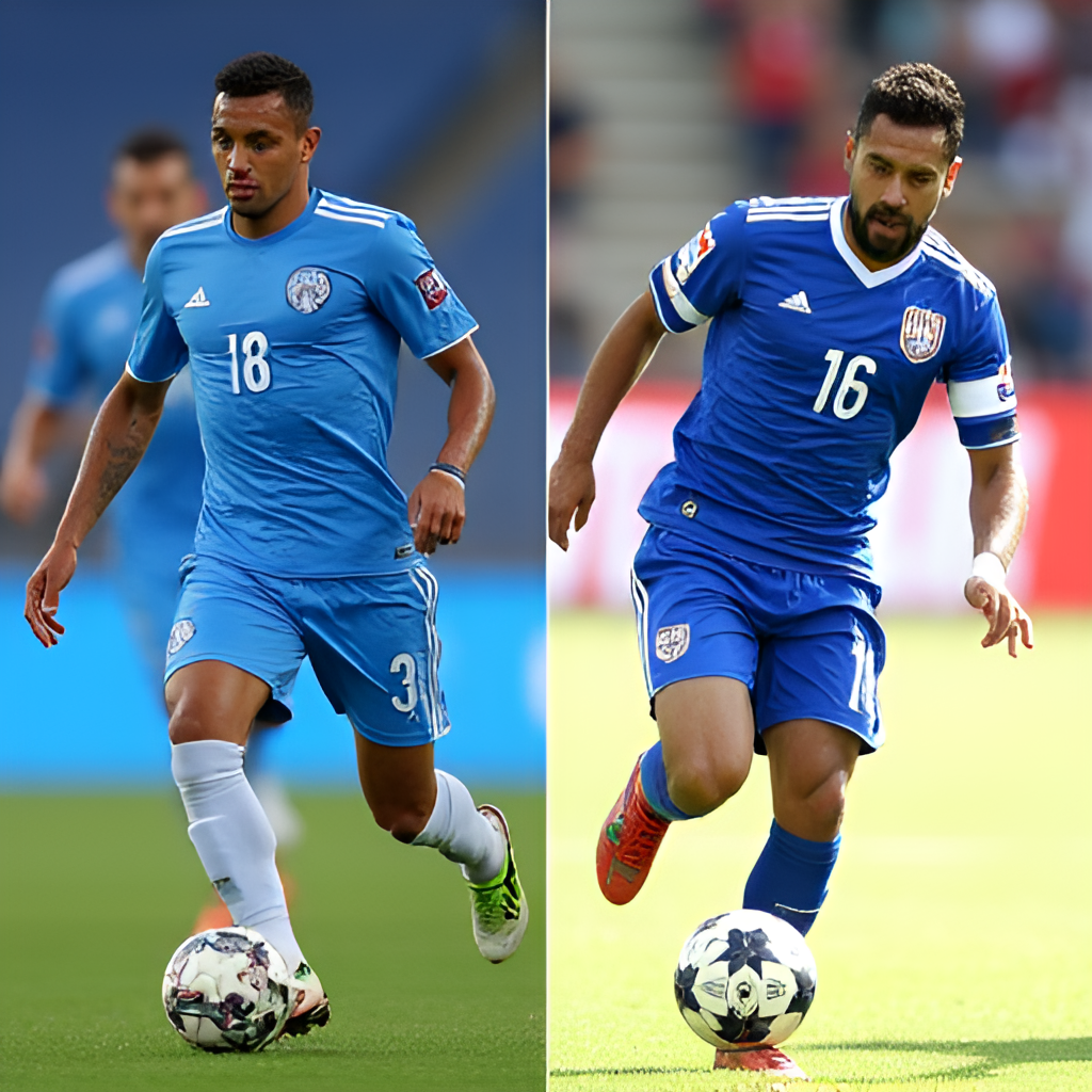 A split image or collage showing key players from both Al Hilal and Pachuca in action. On one side, feature prominent Al Hilal players (e.g., Neymar, Koulibaly, Neves, Mitrović, Al Dawsari) in their blue kit. On the other side, feature key Pachuca players (e.g., Rondón, Idrissi, Cabral) in their blue and white kit. Action shots should capture their playing style, like a tackle, a dribble, or a shot on goal.